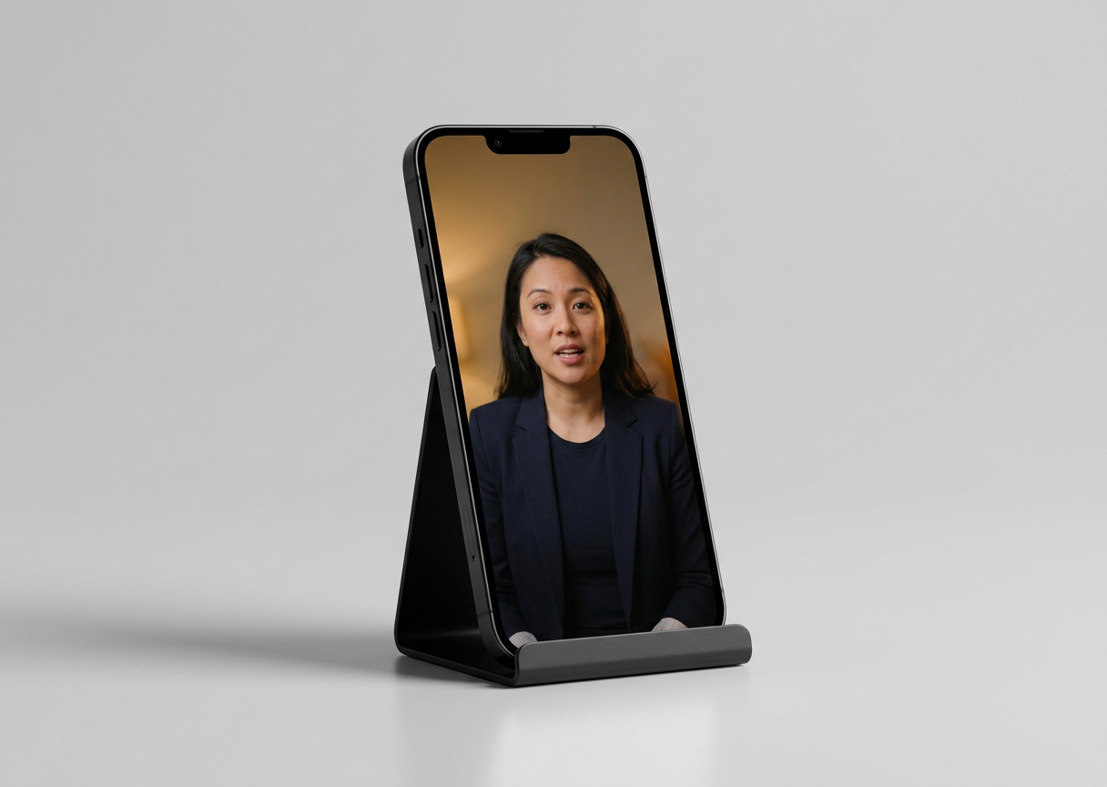 A smartphone on a plain black stand showing a vertical video of a person speaking