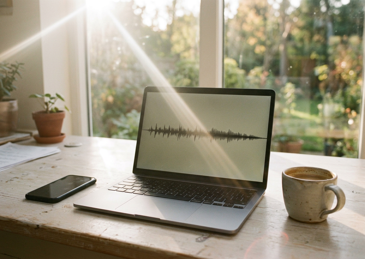 A laptop on a sunlit wooden desk showing a single audio waveform, with a phone and a ceramic mug beside it
