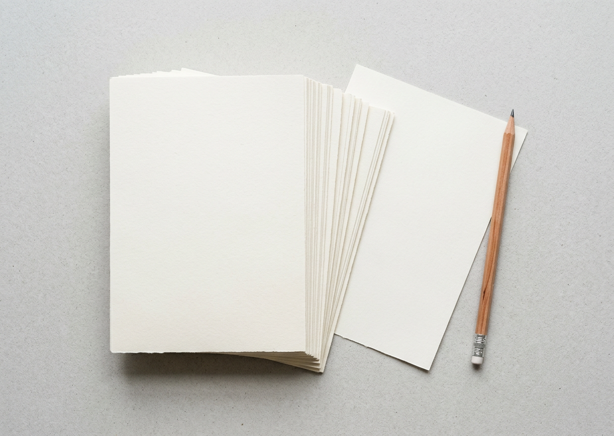A stack of blank cream paper cards with a pencil beside them on a grey surface
