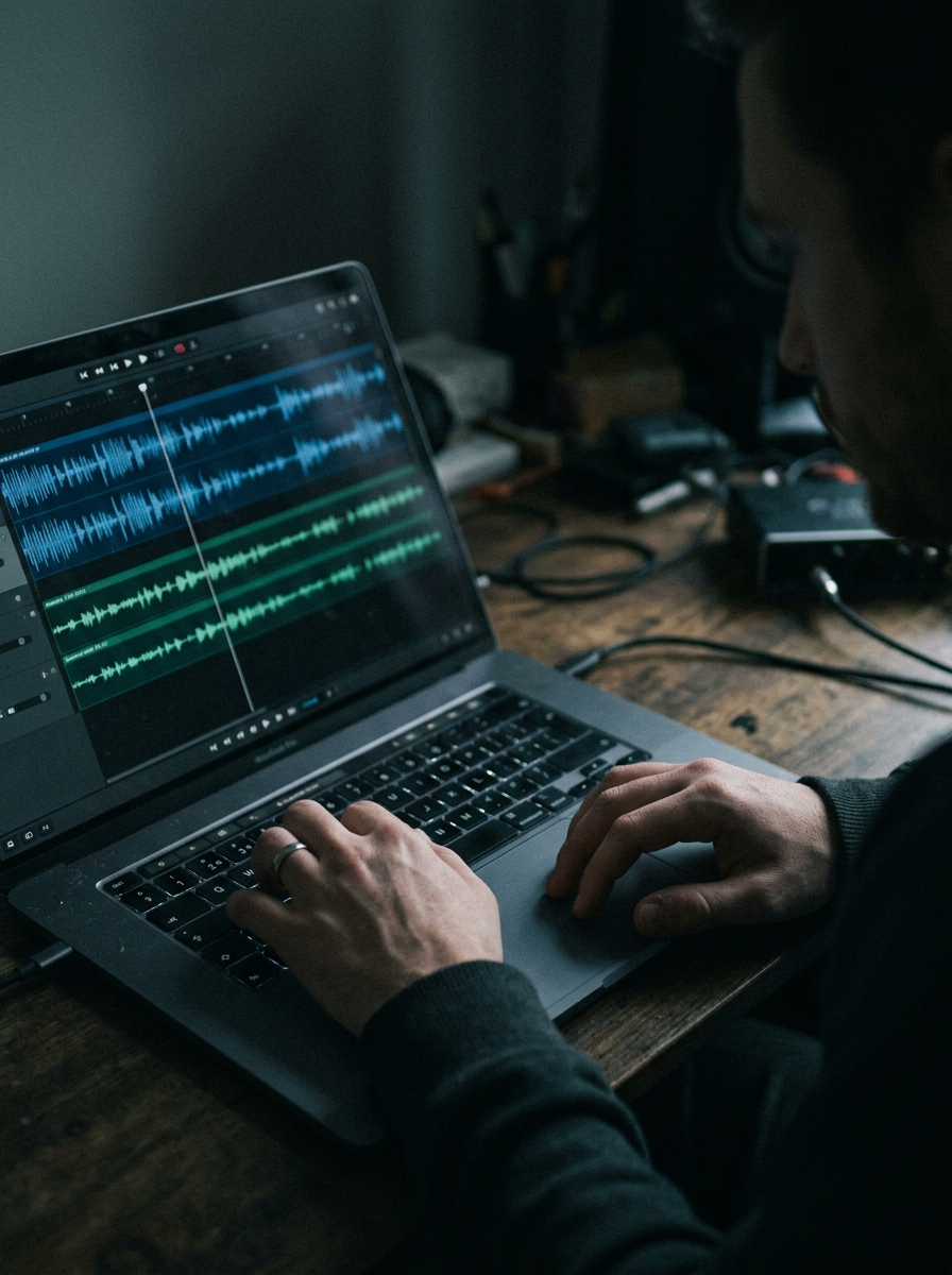 Hands on a laptop keyboard with a multitrack audio timeline on the screen