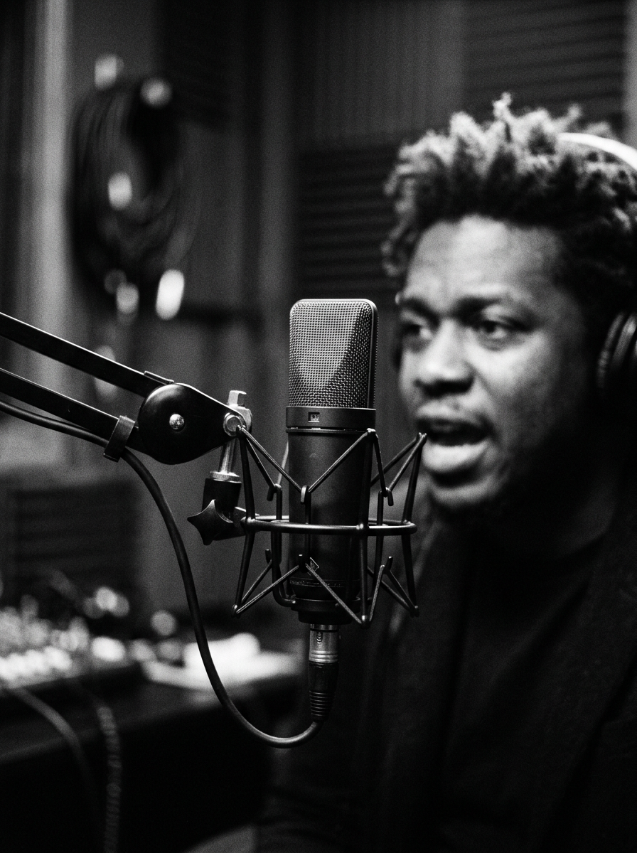 A black and white portrait of a man speaking beside a large studio condenser microphone